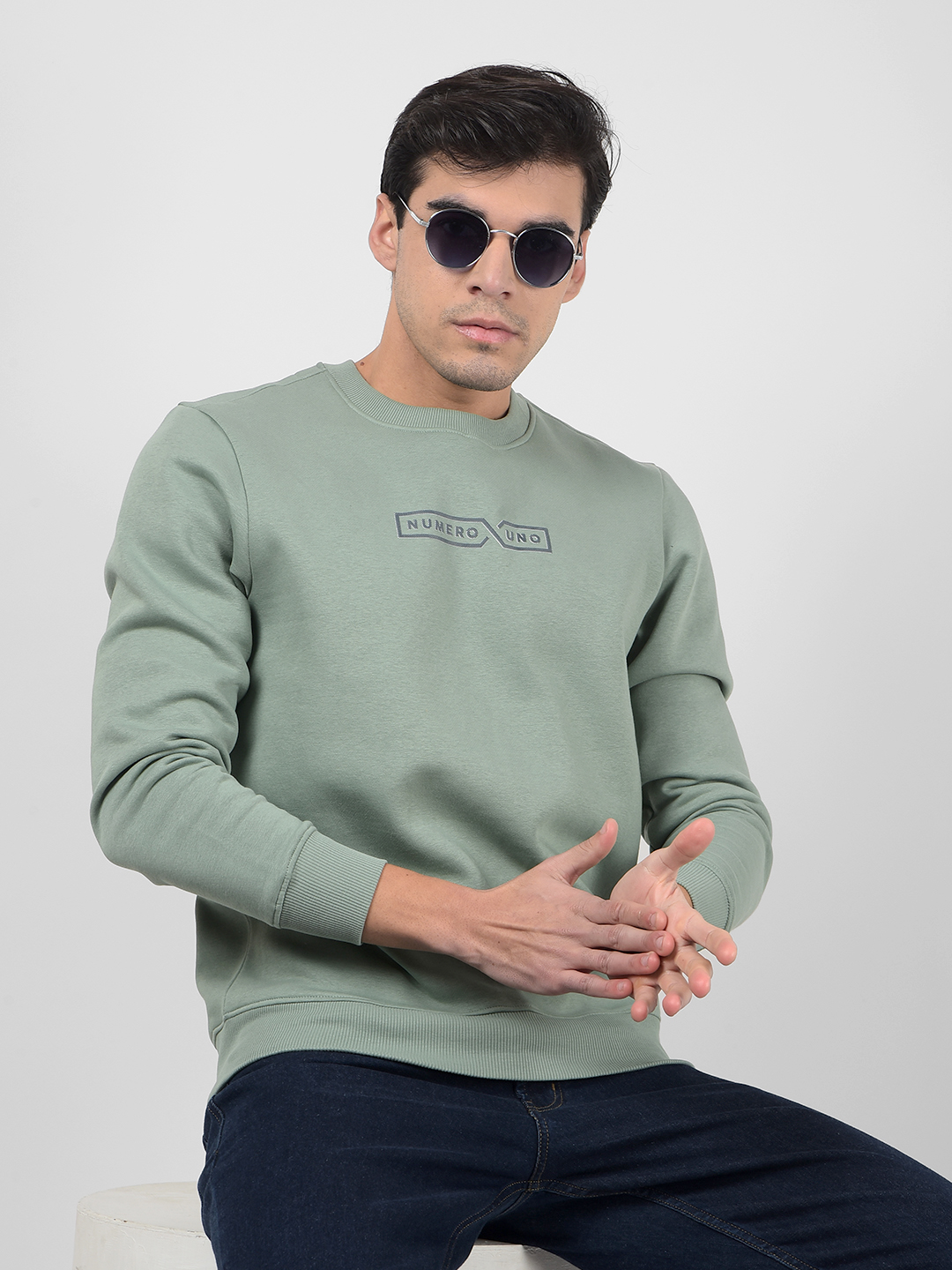 Numero Uno Men Logo Print Green Sweat Shirt
